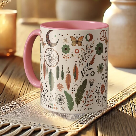 Peace Sign Nature Mug – Boho Floral Coffee Cup