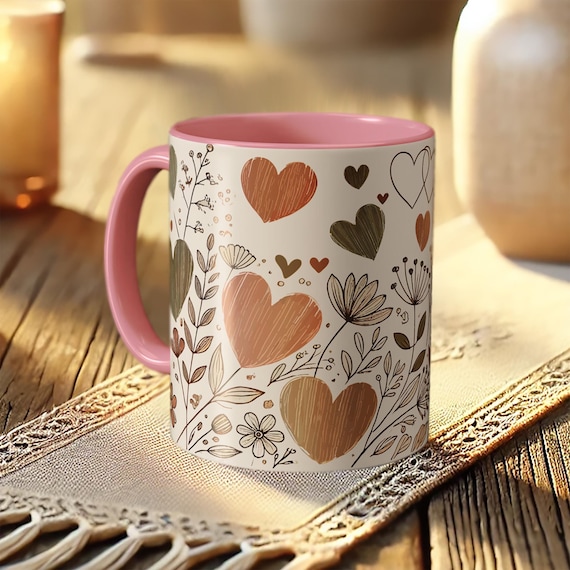 Boho Floral Heart Mug – Romantic Coffee Cup in Folk Art Style