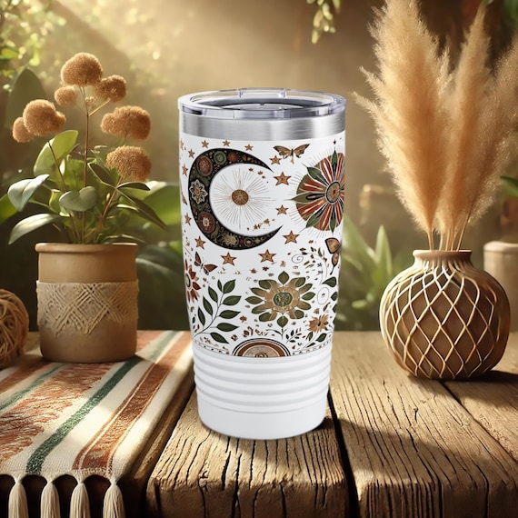 Boho Moon Tumbler – Celestial Floral Stainless Steel Travel Mug