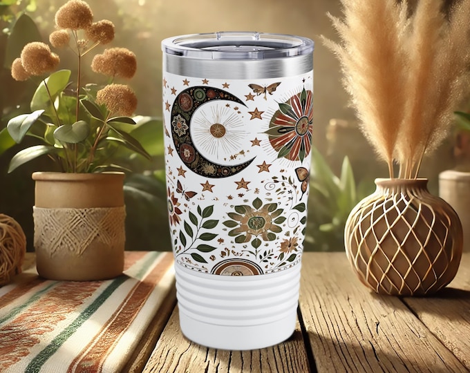 Boho Moon Tumbler – Celestial Floral Stainless Steel Travel Mug