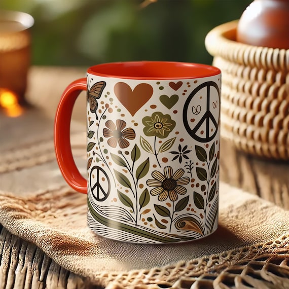 Hippie Peace Sign Mug – Floral Retro Coffee Cup for Nature Lovers
