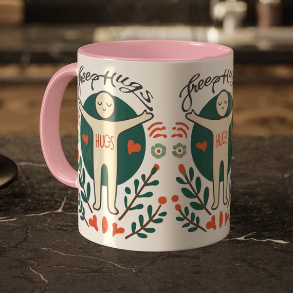 Free Hugs Mug – Hug Illustration Coffee Cup with Positive Quote