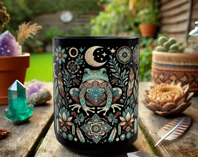 Celestial Frog Mug – Moon and Stars Coffee Cup with Witchy Forest Art