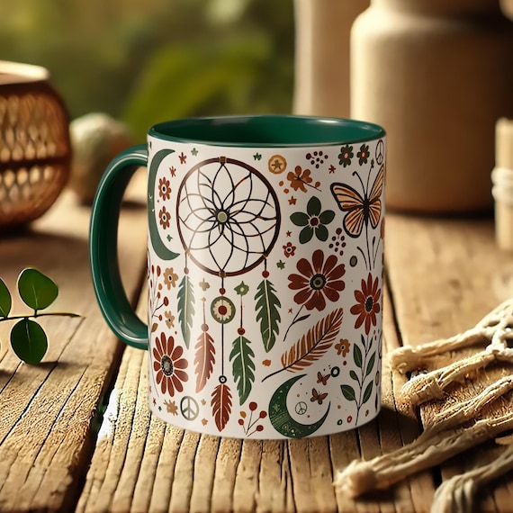 Dreamcatcher Feather Mug – Boho Moon Coffee Cup with Floral Art