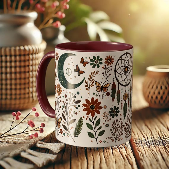 Dreamcatcher Moon Mug – Boho Floral Coffee Cup with Nature Design