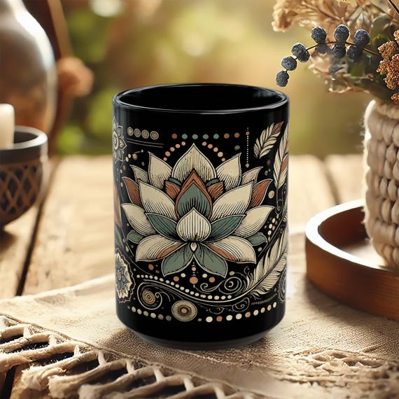 Lotus Mandala Mug – Boho Black Ceramic Coffee Cup