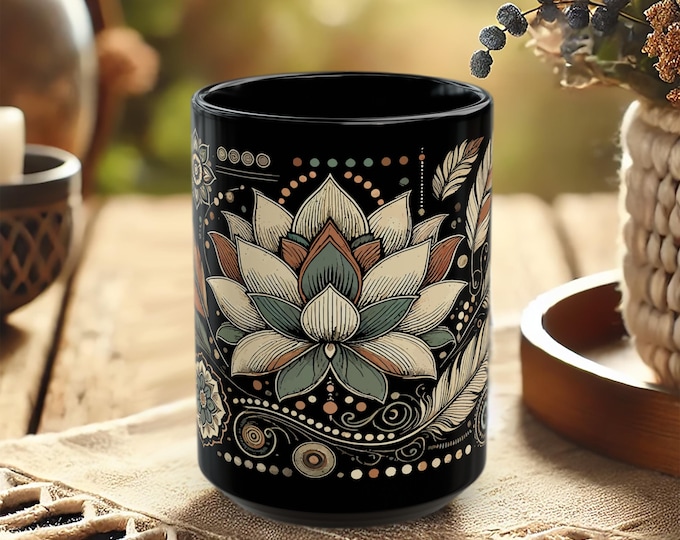 Lotus Mandala Mug – Boho Black Ceramic Coffee Cup