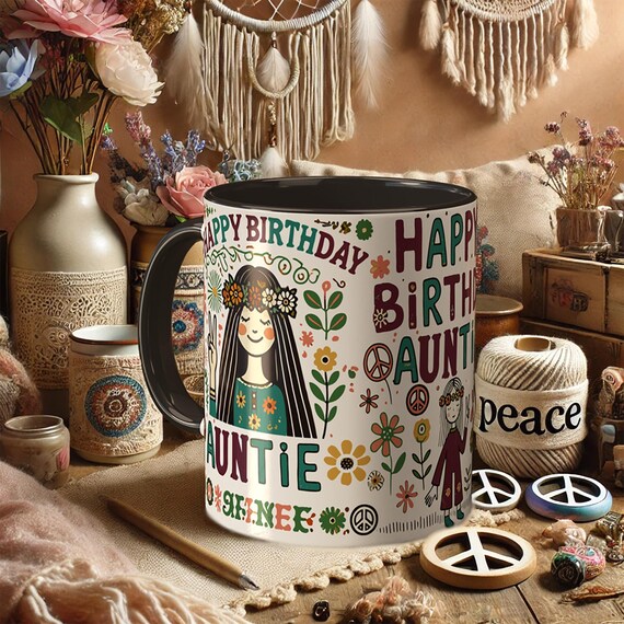 Happy Birthday Aunt Mug – Boho Floral Peace Sign Gift Cup
