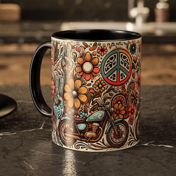 Boho Peace Mug – Retro Motorcycle Flower Power Coffee Cup, Hippie 70s Ceramic Mug