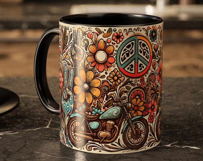 Boho Peace Mug – Retro Motorcycle Flower Power Coffee Cup, Hippie 70s Ceramic Mug
