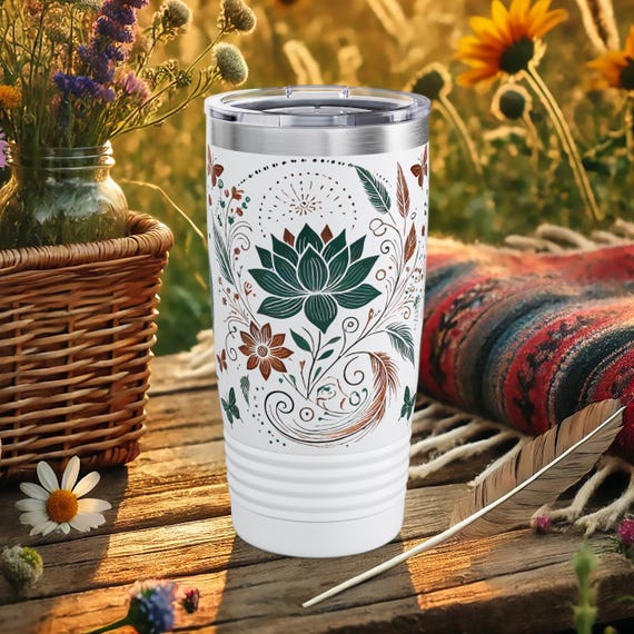 Lotus Flower Tumbler – Boho Insulated Travel Mug with Buddha Style