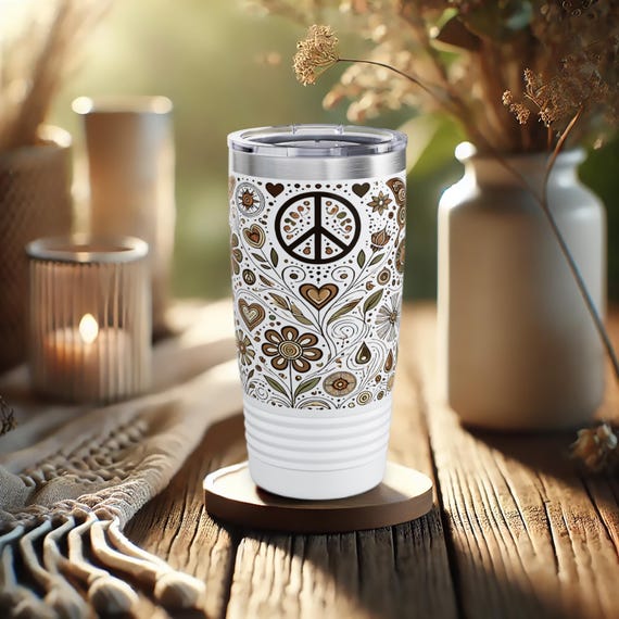 70s Peace Sign Tumbler – Retro Floral Stainless Steel Travel Cup