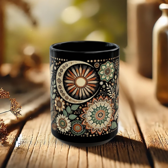 Boho Celestial Mug – Sun Moon Coffee Cup with Black Floral Mandala