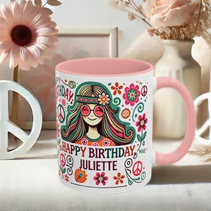Custom Happy Birthday Mug with Name, Boho Hippie Floral Coffee Cup, Personalized Gift for Her, Cute Birthday Mug with Peace Sign