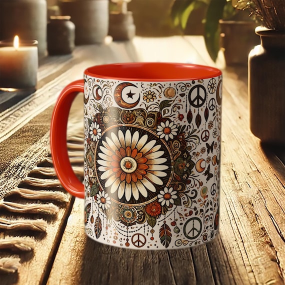 Floral Peace Mug – Retro Boho Coffee Cup for Nature Lovers