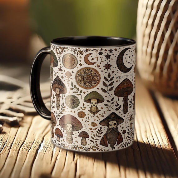 Boho Mushroom Mug – Forest Folklore Coffee Cup with Nature Art
