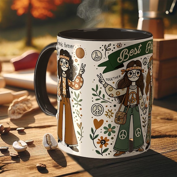 Hippie Friends Mug – Boho Friendship Cup, Retro 70s Peace Sign Gift for Besties