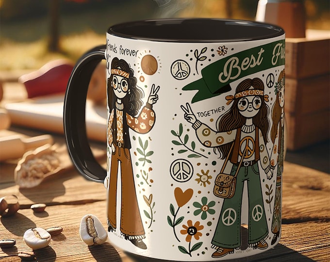Hippie Friends Mug – Boho Friendship Cup, Retro 70s Peace Sign Gift for Besties