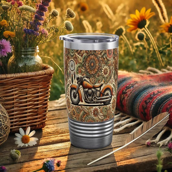 Biker Mom Tumbler – Boho Motorcycle Travel Mug with Floral Mandala Art