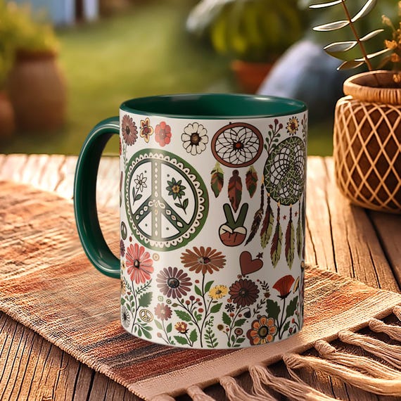 Peace Sign Dreamcatcher Mug – Boho Floral Coffee Cup in Hippie Style