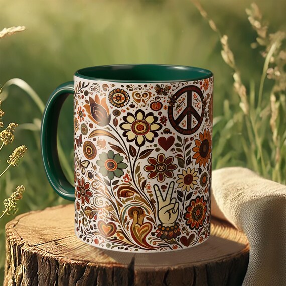 Hippie Floral Mug – Retro 70s Coffee Cup, Boho Groovy Drinkware, Flower Power Gift