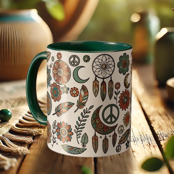 Peace Sign Dreamcatcher Coffee Mug – Boho Floral Cup with Hippie Art