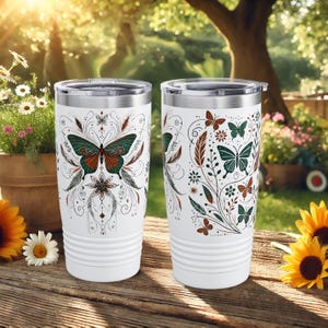 Bohemian Butterfly Tumbler, Nature Inspired Stainless Steel Cup, Reusable Coffee Mug with Lid, Floral Butterfly Design, Eco-Friendly Gift