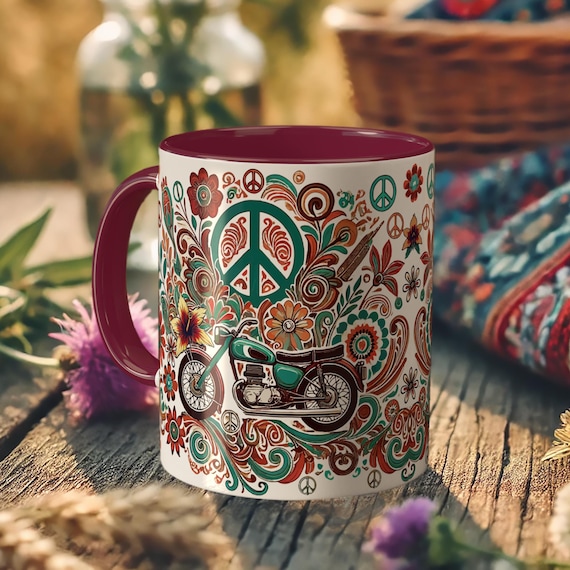 Hippie Motorcycle Mug – Peace Sign Biker Gift, Boho Floral Coffee Cup for Men