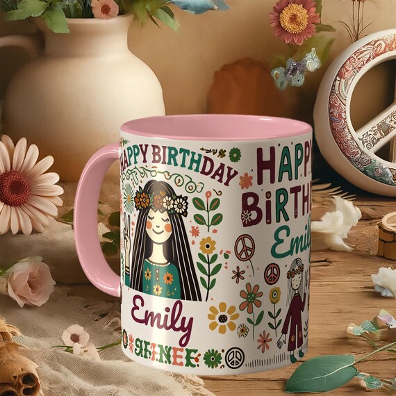 Personalized Birthday Mug – Boho Floral Peace Sign Coffee Cup, Custom Name Gift for Her