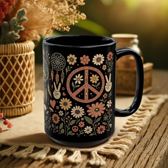 Boho Floral Black Mug – Hippie Peace Sign Coffee Cup with Nature Art