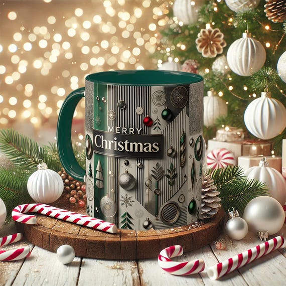 Green Christmas Mug – Vintage Ornament Holiday Coffee Cup, Festive Drinkware Gift