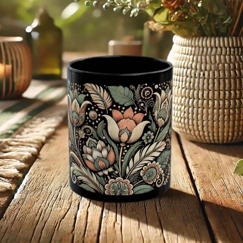 Boho black ceramic coffee mug with tulip floral design, perfect for tea or coffee lovers. Artisan drinkware for vintage-inspired kitchens or bohemian decor. Makes a unique gift for her or a decorative piece for retro and artistic home settings.