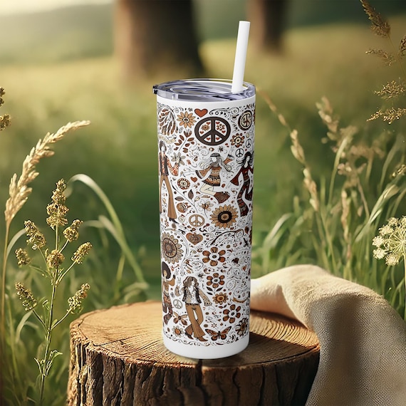 Boho Peace Floral Tumbler – 70s Inspired Stainless Steel Travel Cup