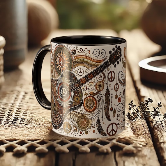 Boho Guitar Mug – Hippie Music Lover Coffee Cup, Peace Sign Vintage Floral Drinkware