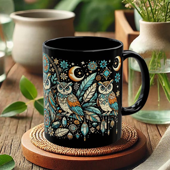 Celestial Owl Mug – Moon and Stars Coffee Cup with Forest Night Art