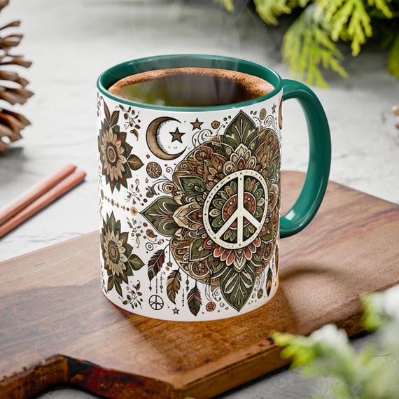 Peace Sign Mug – Boho Mandala Coffee Cup, Hippie Ceramic Gift, Spiritual Flower Drinkware
