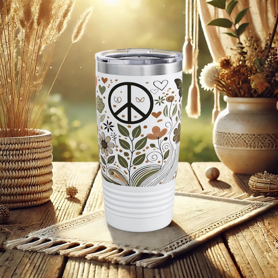 Hippie Peace Sign Tumbler – Floral Stainless Steel Travel Cup