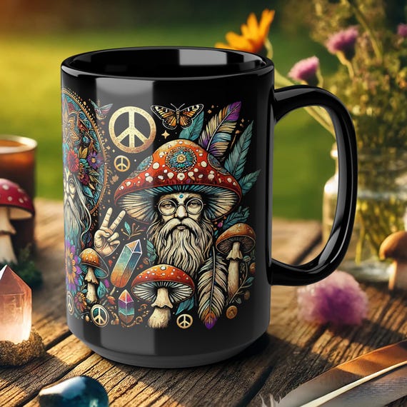 Psychedelic Wizard Mushroom Mug – Bohemian Art Coffee Cup, Trippy Gift