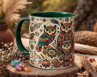 Boho Owl Mug | Folk Art Coffee Cup with Woodland Nature Design