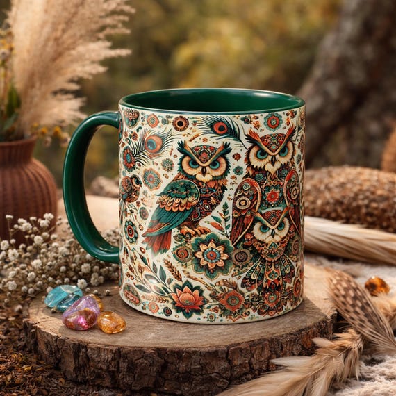 Boho Owl Mug – Folk Art Coffee Cup with Woodland Nature Design