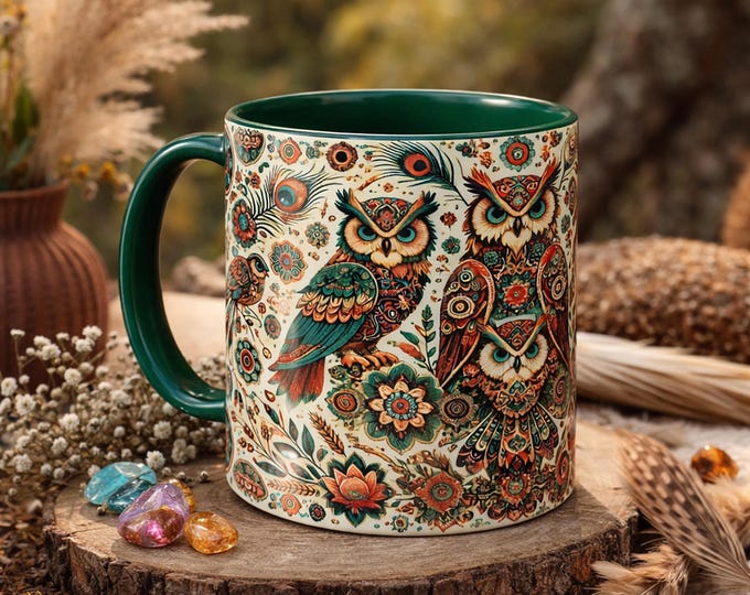 Boho Owl Mug – Folk Art Coffee Cup with Woodland Nature Design