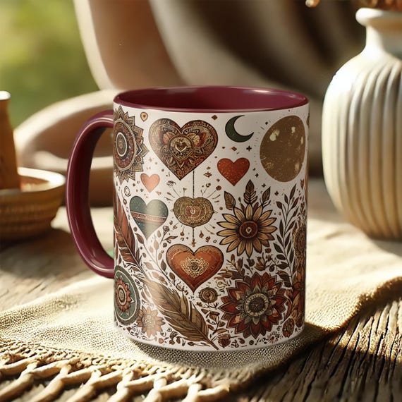 Floral Heart Mug – Boho Love Coffee Cup with Decorative Heart Art