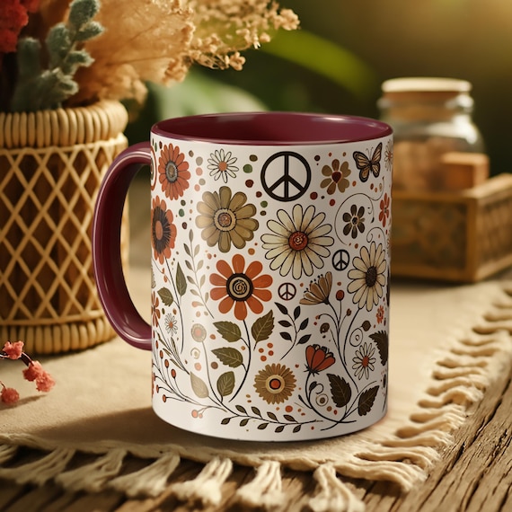 Vintage Floral Peace Mug – Hippie Coffee Cup