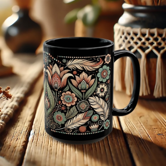 Boho Tulip Mug – Floral Coffee Cup with Feather Botanical Art