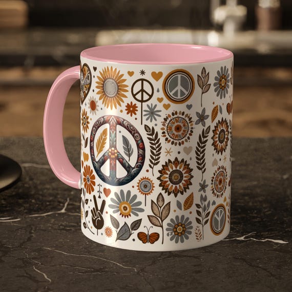Flower Power Mug – Retro Peace Sign Coffee Cup in 70s Boho Style