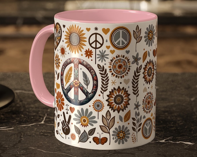 Flower Power Mug – Retro Peace Sign Coffee Cup in 70s Boho Style