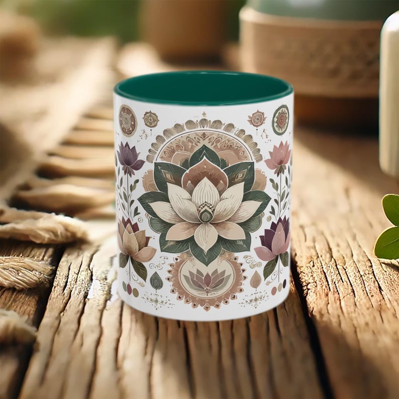 Boho lotus mug featuring an intricate mandala design, perfect for yoga lovers and meditation enthusiasts. This spiritual coffee cup adds a zen touch to any space, making it an ideal gift for yogis and free spirits. High-quality ceramic with a fade-resistant finish, microwave-safe and dishwasher-safe. A unique relaxation gift idea, great for tea, coffee, or matcha lovers who appreciate bohemian and meditative art.