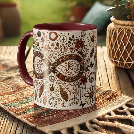 Peace Infinity Mug – Spiritual Boho Coffee Cup with Floral Art