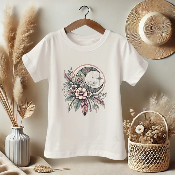 Moon Floral Tee for Girls – Boho Top for Kids and Pre Teens