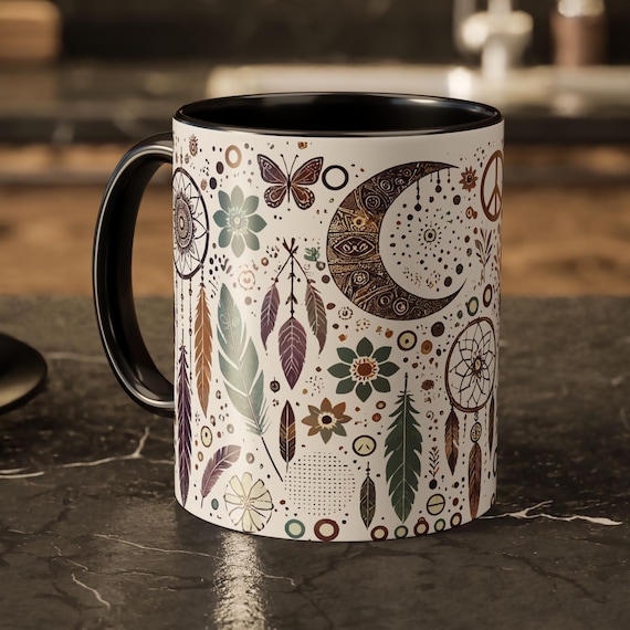 Celestial Moon Mug – Boho Coffee Cup with Feathers and Stars Design